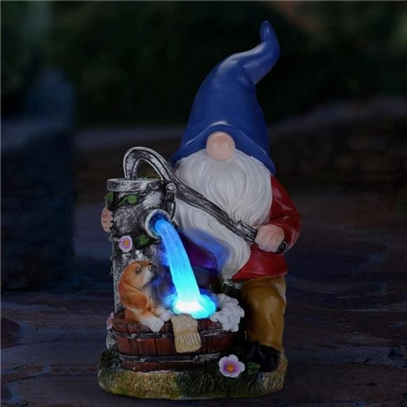 Garden Gnome Statue, Gnome Decoration for Yard with Blue Solar Light, Patio Yard - Picture 6 of 7